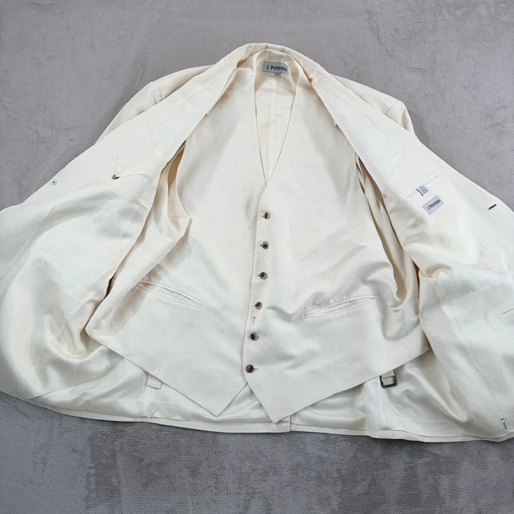 J.Peterman Blazer Sport Coat Jacket & Vest Set in Ivory Silk Linen Blend Men 56
